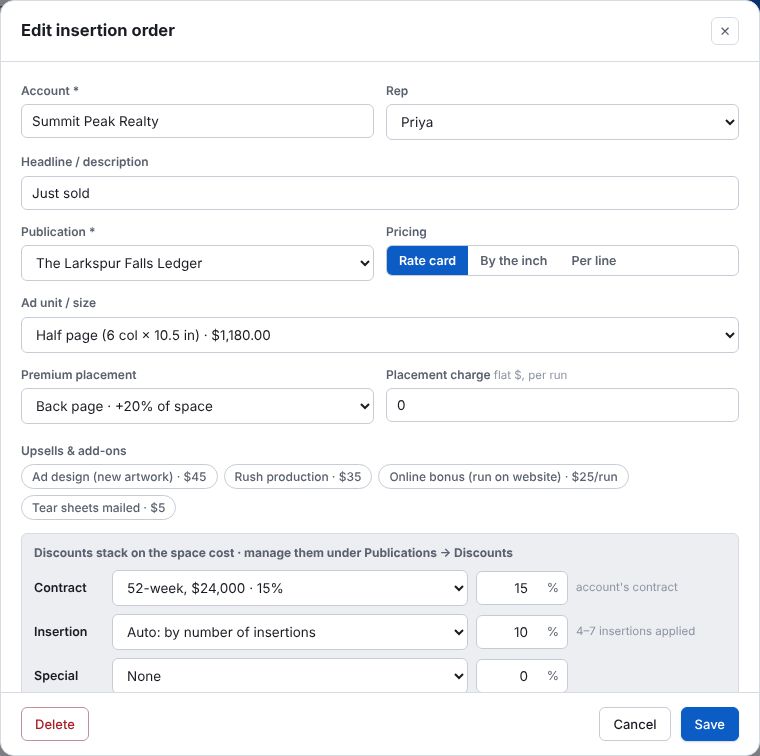 An insertion order for a half page with a back page premium, contract discount and frequency discount
